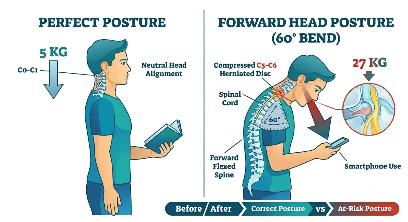 Comparison infographic: neutral head posture (5 kg cervical load) versus 60-degree forward head posture while using a smartphone (27 kg load).