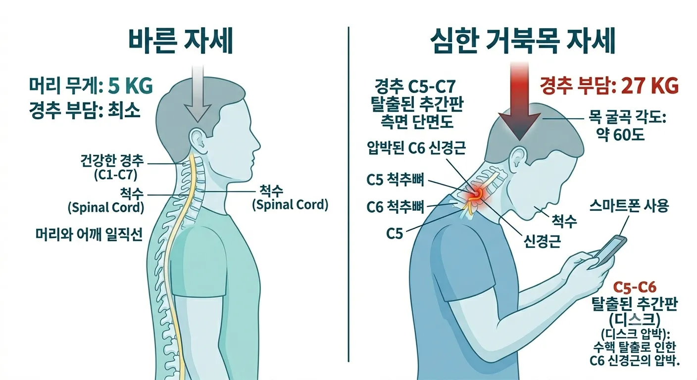 정상 자세(머리 5kg 하중)와 스마트폰 사용 시 거북목 자세(27kg 하중) 비교 시각화 인포그래픽.