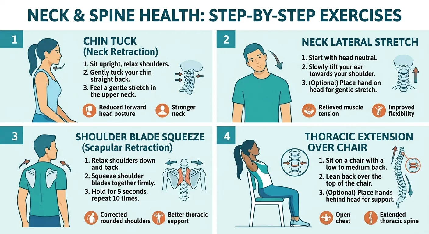 Four-panel exercise illustration showing chin tuck, lateral neck stretch, shoulder blade squeeze, and thoracic extension — cervical posture correction exercises.