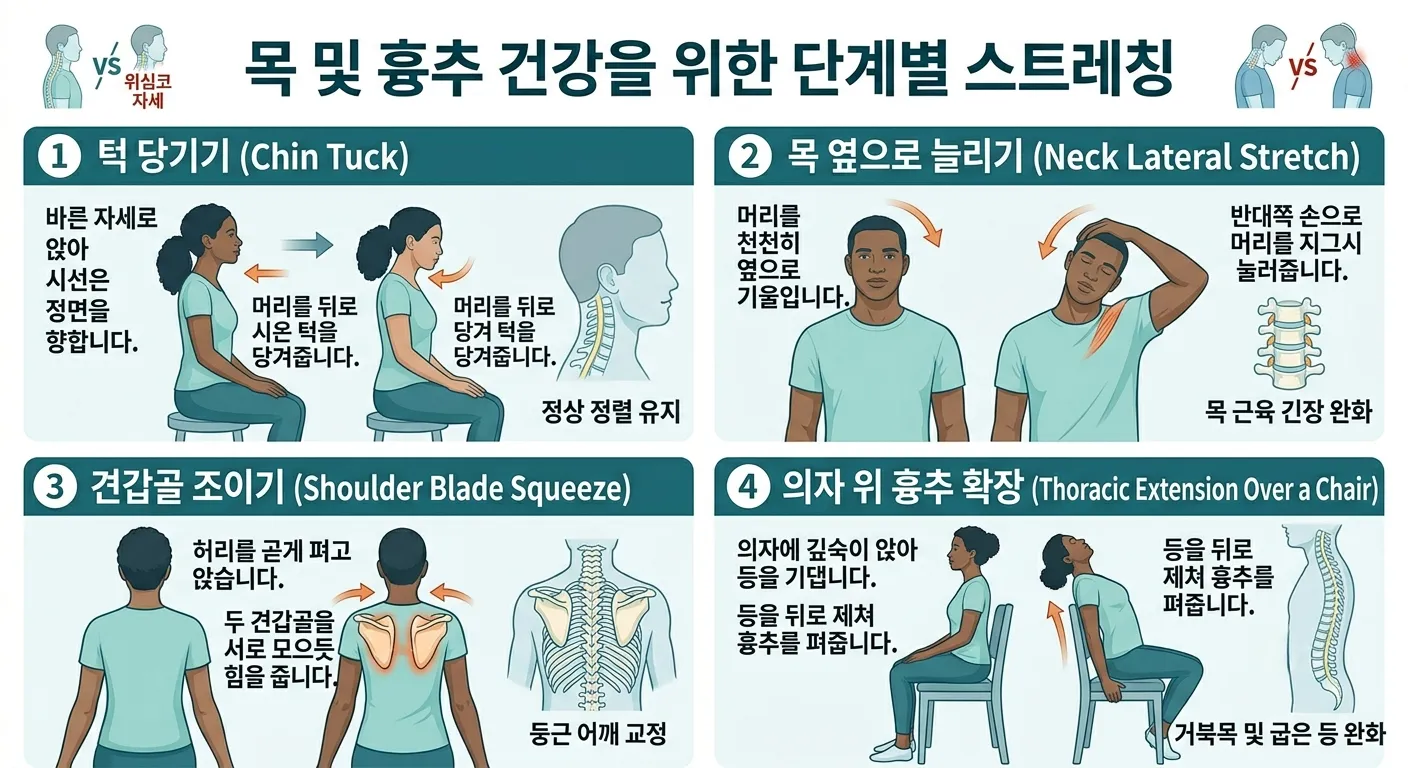 턱 당기기, 목 스트레칭, 견갑골 조임, 흉추 신전 등 거북목 예방 운동 4가지 단계별 일러스트.