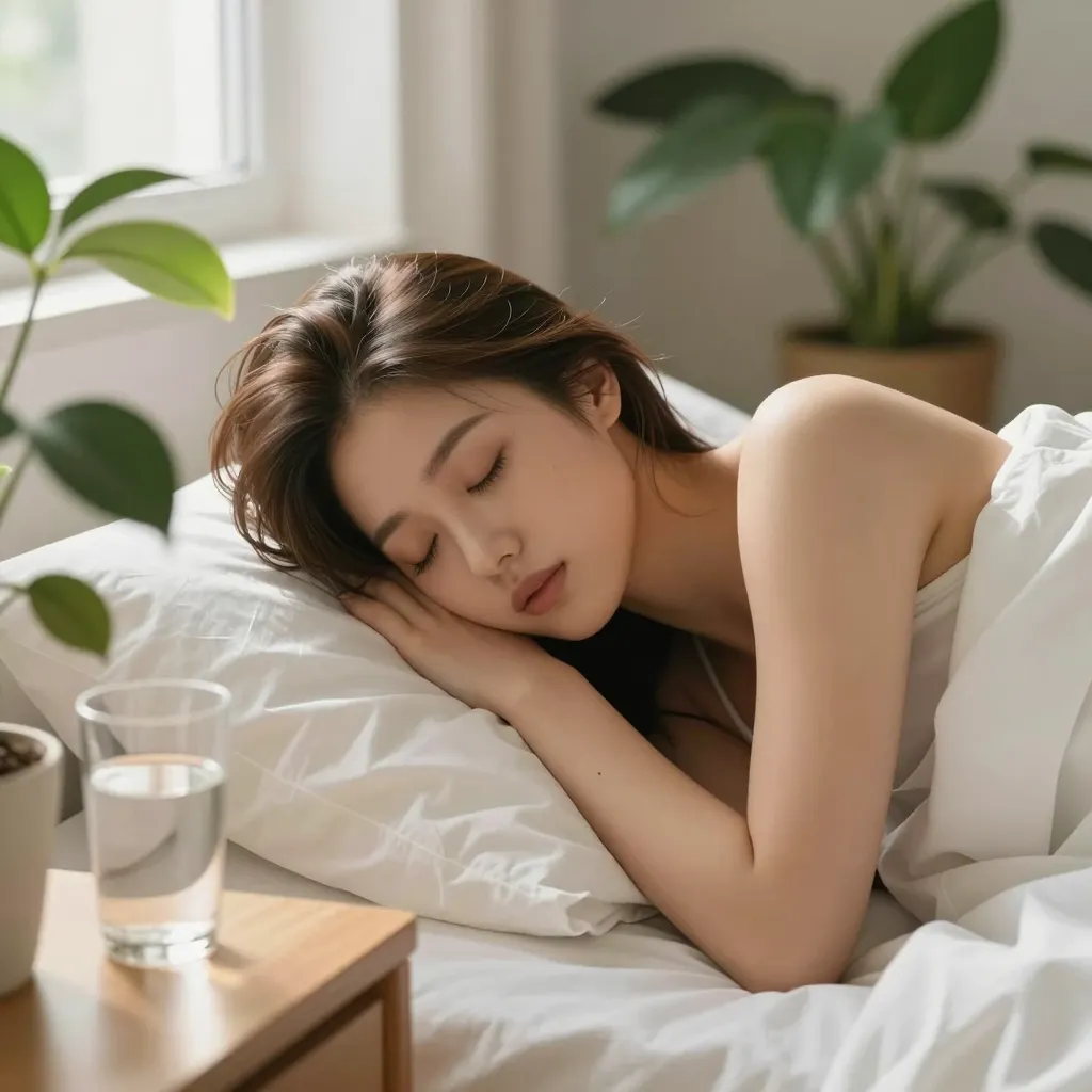 아침 햇살 속에서 개운하게 눈을 뜨는 사람, 녹색 화분과 물잔이 놓인 침대 옆 탁자 — 만성피로 회복을 상징하는 이미지