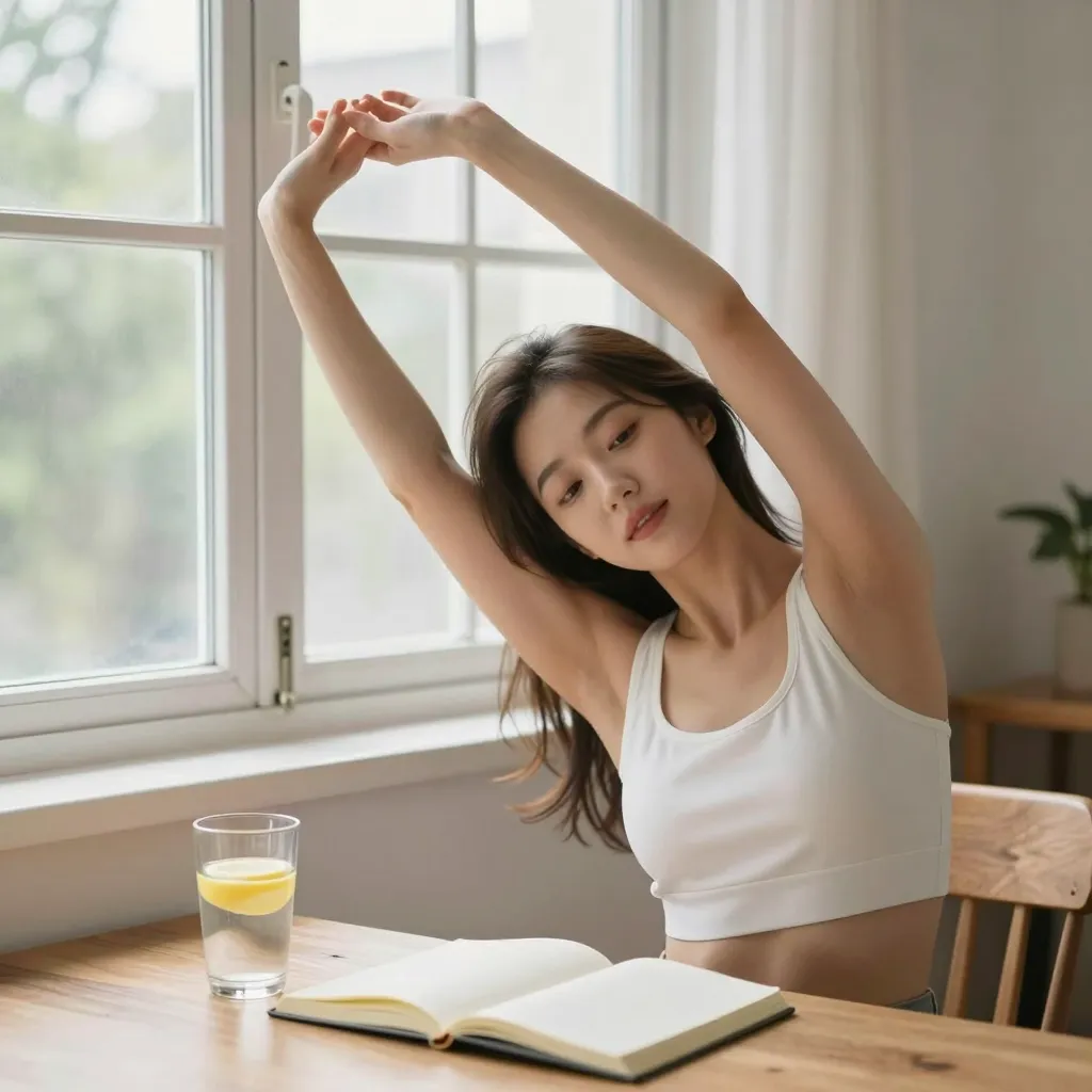 창가에서 가벼운 스트레칭을 하는 사람, 레몬을 넣은 물 한 잔과 열린 다이어리 — 만성피로 회복 아침 루틴 이미지