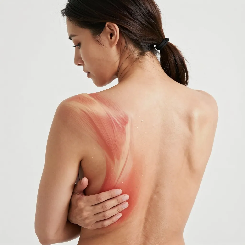 Medical illustration of a human silhouette with softly glowing pain points marking fibromyalgia trigger areas across the body