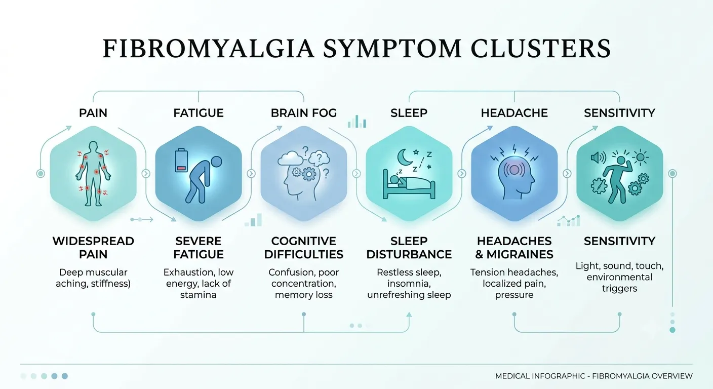 Infographic showing the main fibromyalgia symptom clusters: widespread pain, fatigue, fibro fog, sleep disturbance, headaches, and sensory sensitivity