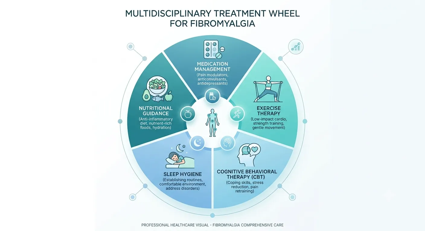 Circular diagram illustrating a multidisciplinary fibromyalgia treatment approach with sections for medication, exercise therapy, cognitive behavioral therapy, sleep management, and nutrition