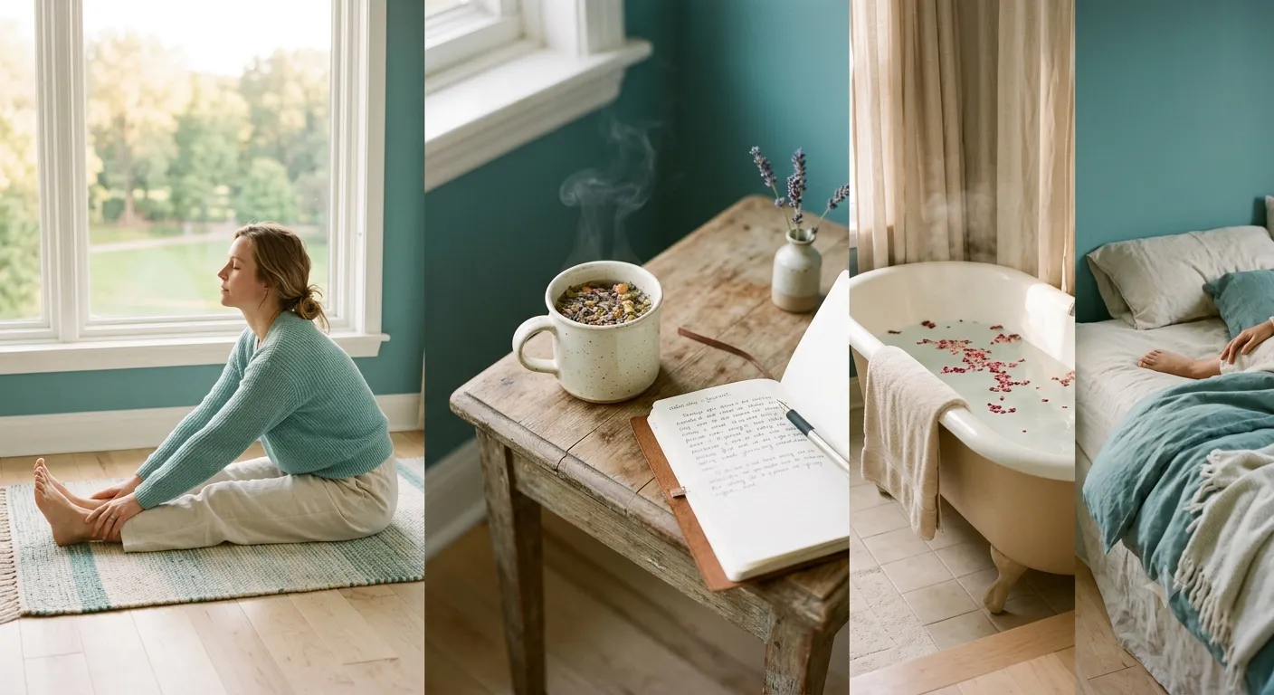 Fibromyalgia self-care lifestyle scene showing gentle morning stretching, a warm bath, a symptom journal, and herbal tea in soft teal and cream tones