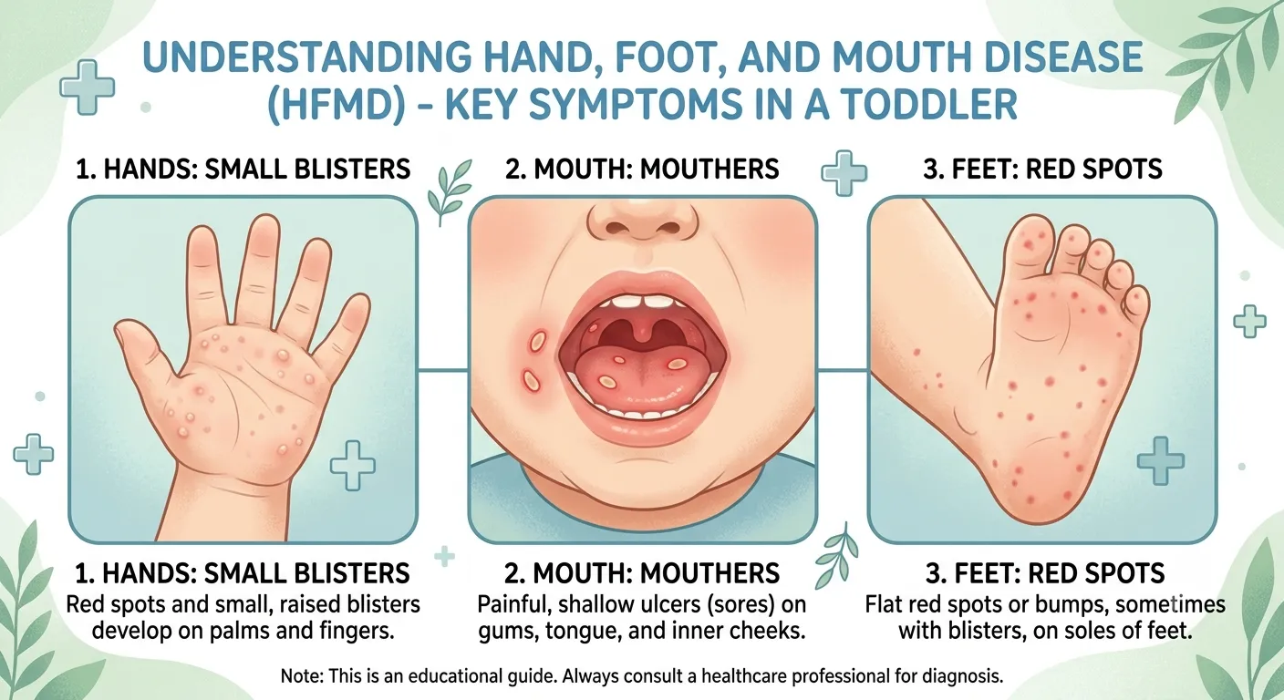 Medical illustration of Hand, Foot and Mouth Disease symptoms — showing characteristic oval blisters on a child's palm, mouth ulcers, and rash on feet in a professional educational style