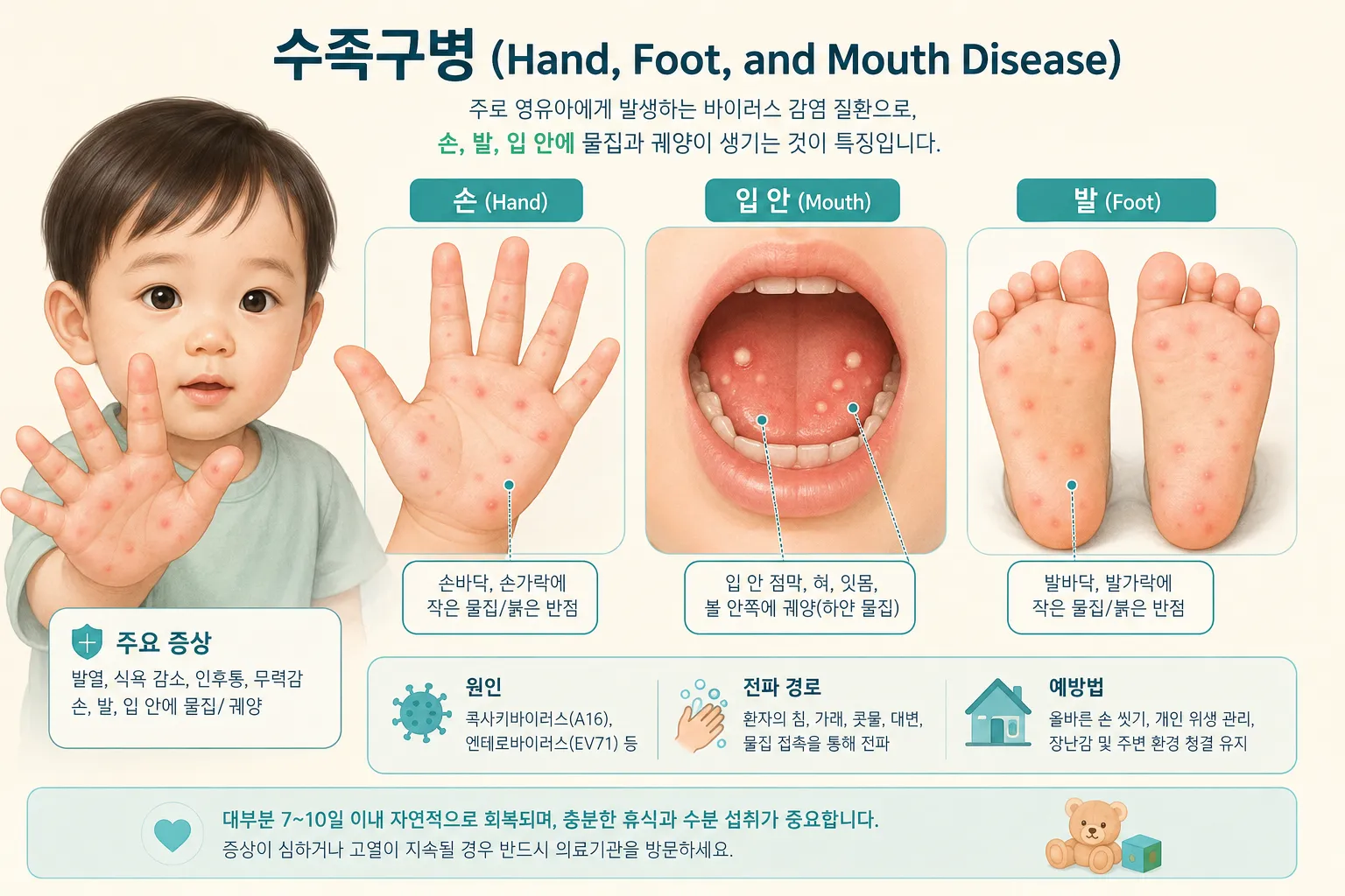 수족구병 증상을 보여주는 의학 일러스트 — 손과 발, 입 주변의 물집과 발진을 클로즈업한 교육적 이미지