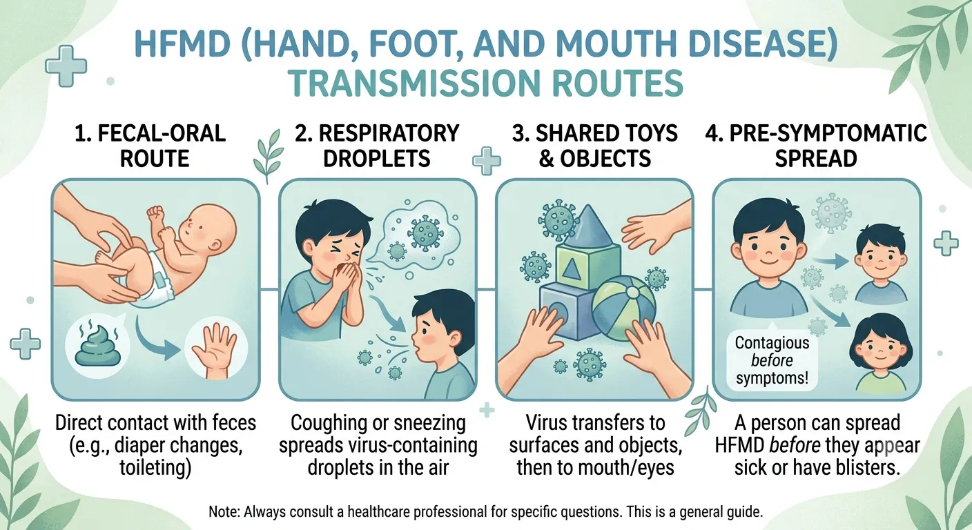 HFMD transmission routes infographic — showing four main pathways: fecal-oral, respiratory droplets, contaminated surfaces, and pre-symptomatic spread