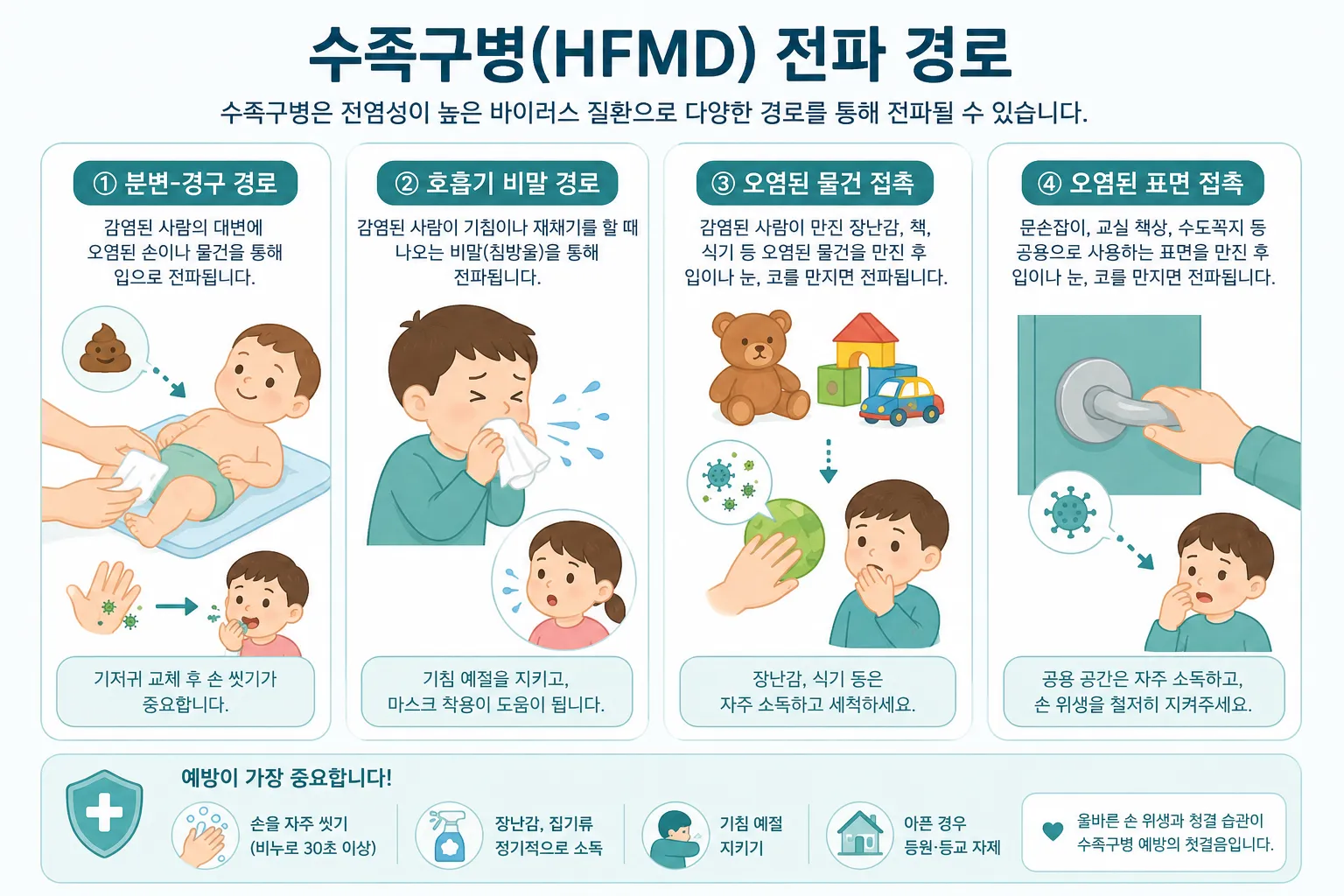 수족구병 전파 경로 인포그래픽 — 분변-구강 경로, 비말, 오염된 장난감 등 4가지 주요 전염 경로를 보여주는 시각 자료
