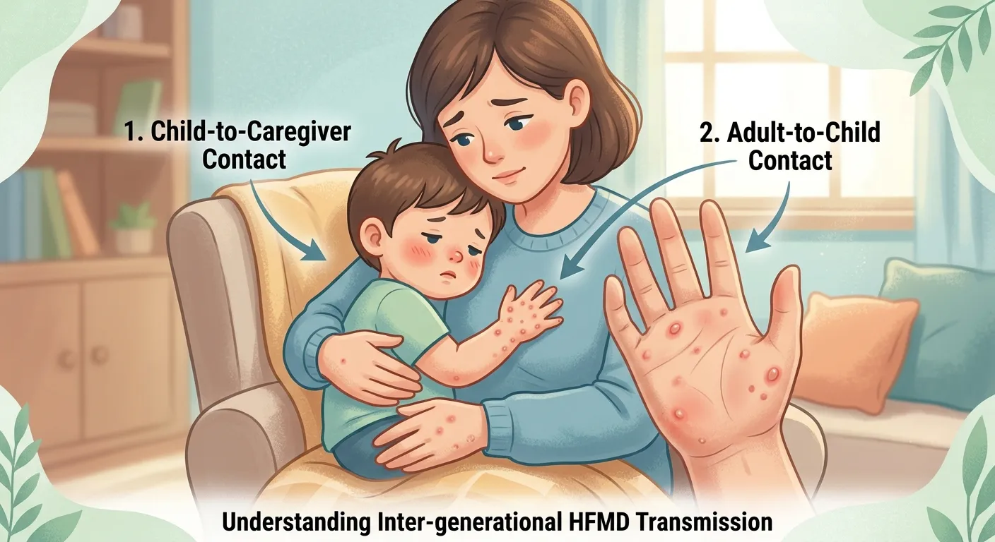 Adult HFMD — a parent holding a sick child while showing blisters on their own hand, illustrating that HFMD can spread from children to adults during caregiving