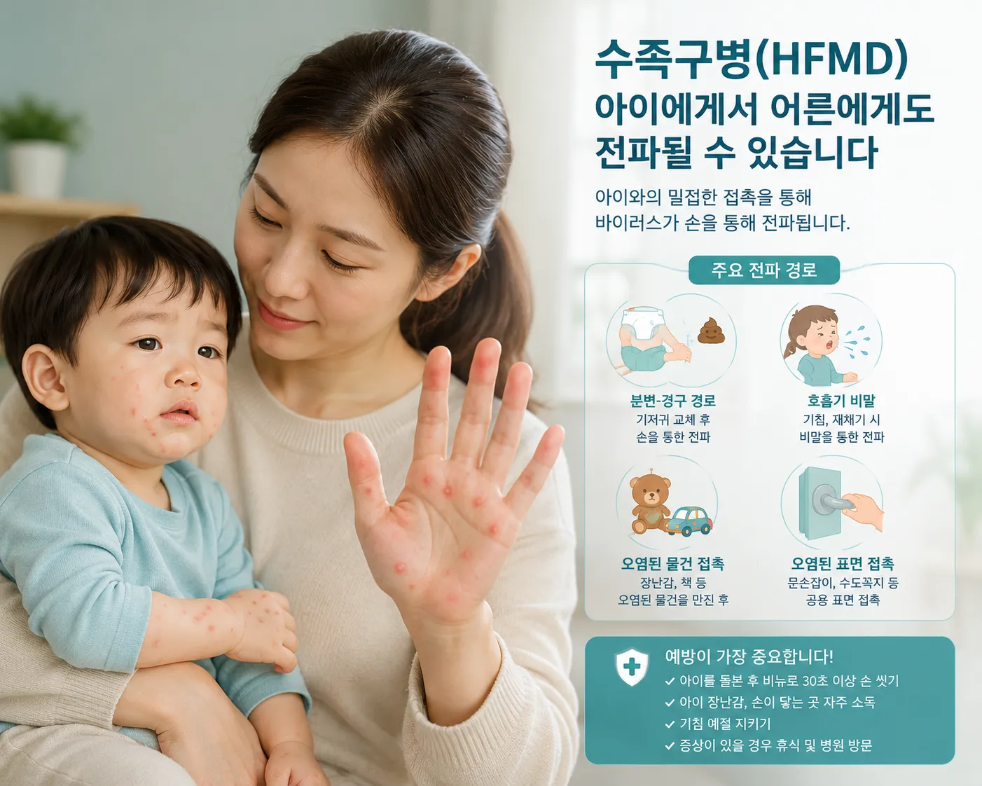 성인 수족구 — 아이를 돌보는 부모의 손에 나타난 수족구 발진, 성인도 감염될 수 있다는 것을 보여주는 이미지