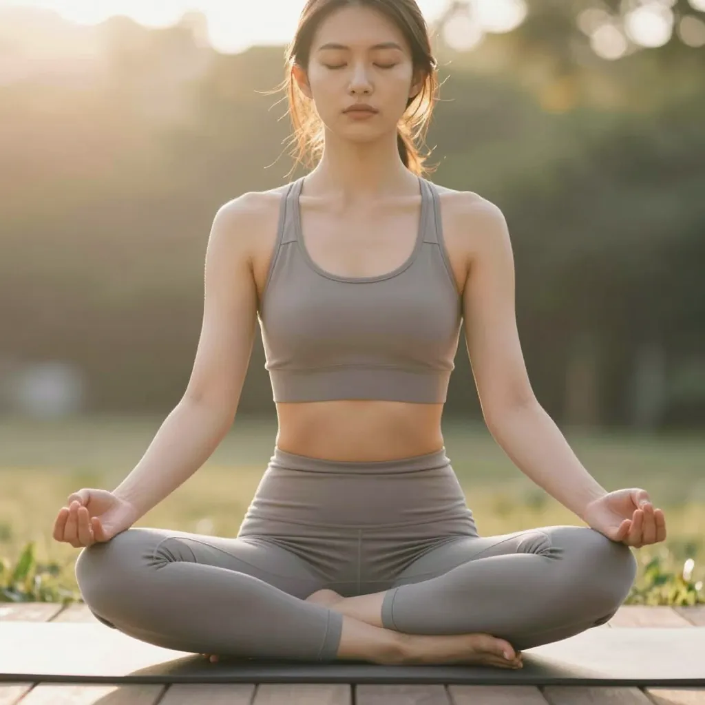 이른 아침 야외에서 명상하는 사람 — 마음챙김과 규칙적인 운동이 건강염려증 증상 완화에 도움을 준다는 것을 상징하는 이미지