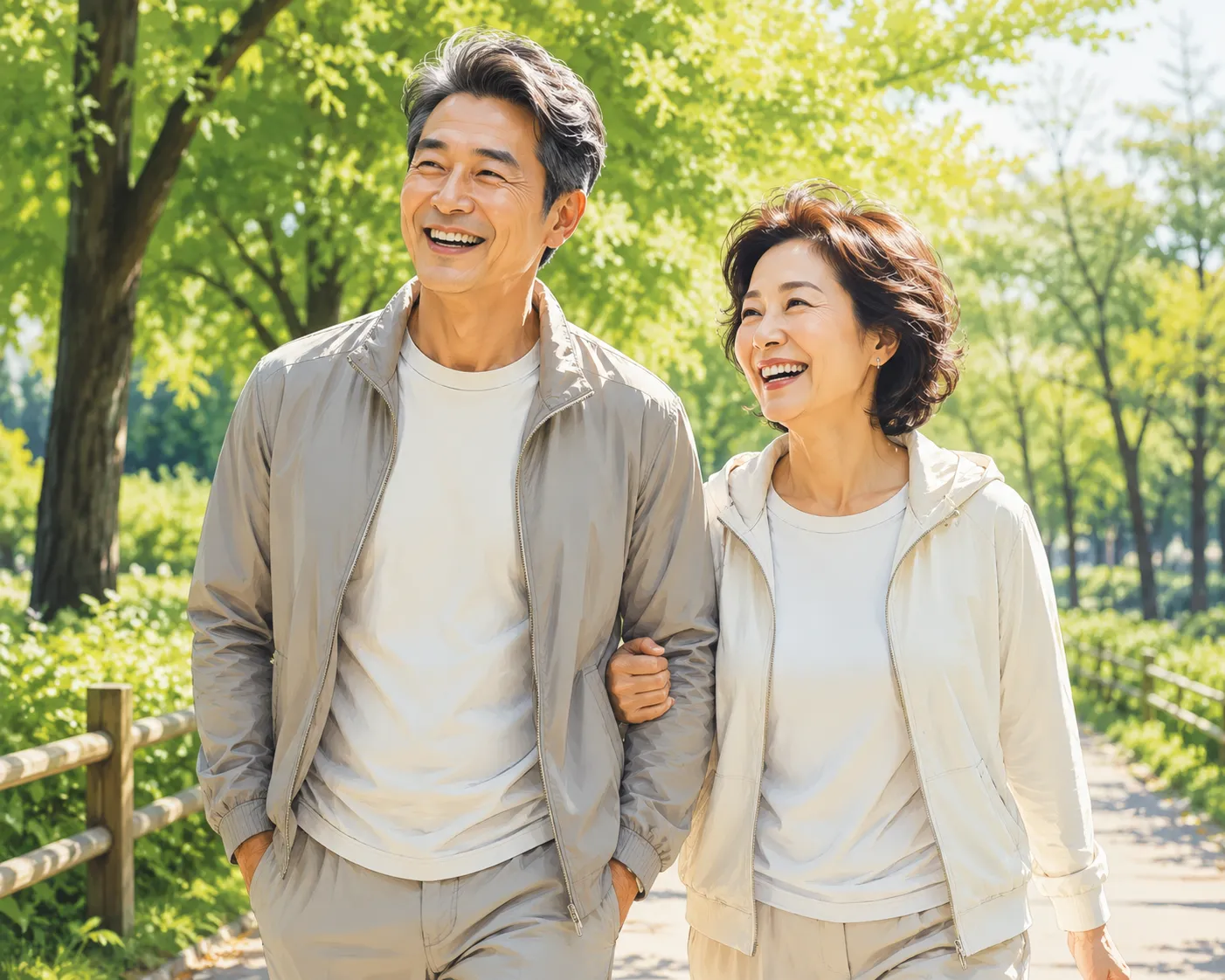 Health management in your 50s and 60s — an active couple walking in the park, embracing healthy lifestyle habits and well-being