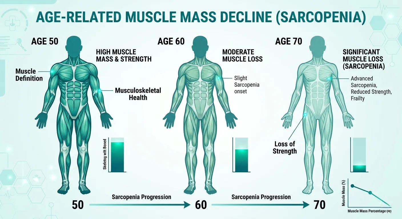 Infographic showing muscle mass decline and sarcopenia progression from age 50 to 70
