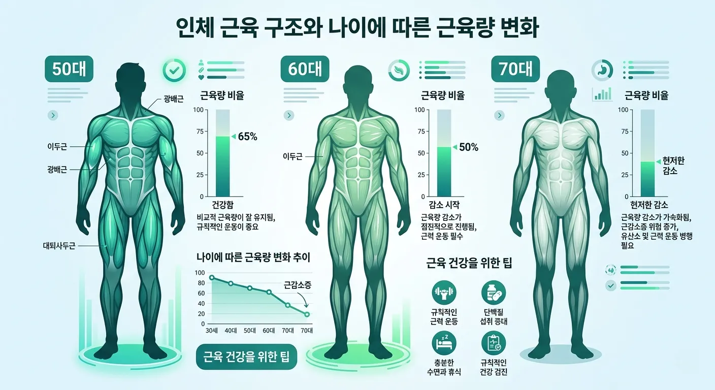 나이에 따른 근육량 변화와 근감소증 진행 과정을 보여주는 인포그래픽