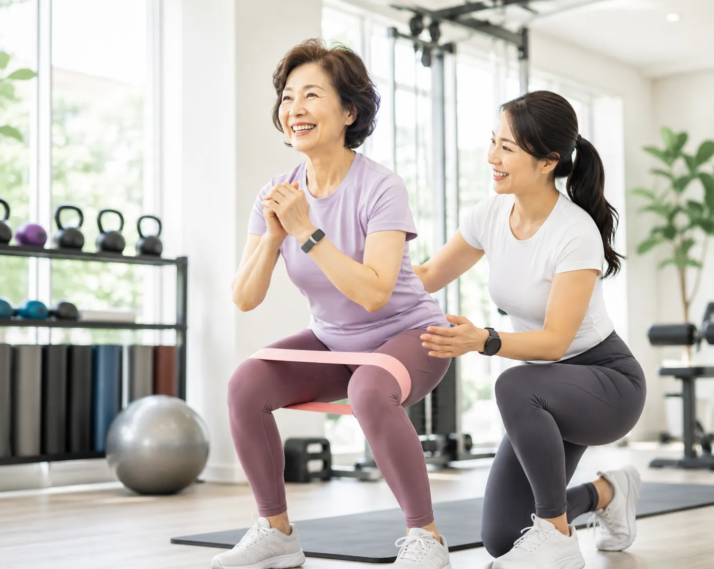 A woman in her 50s performing resistance band squats safely with guidance from a fitness trainer