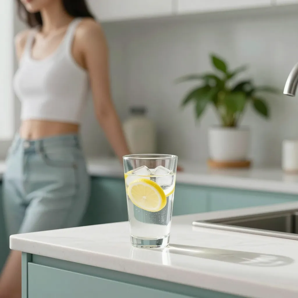 A glass of clear water with lemon slices sitting on a sunlit kitchen table, symbolizing healthy hydration