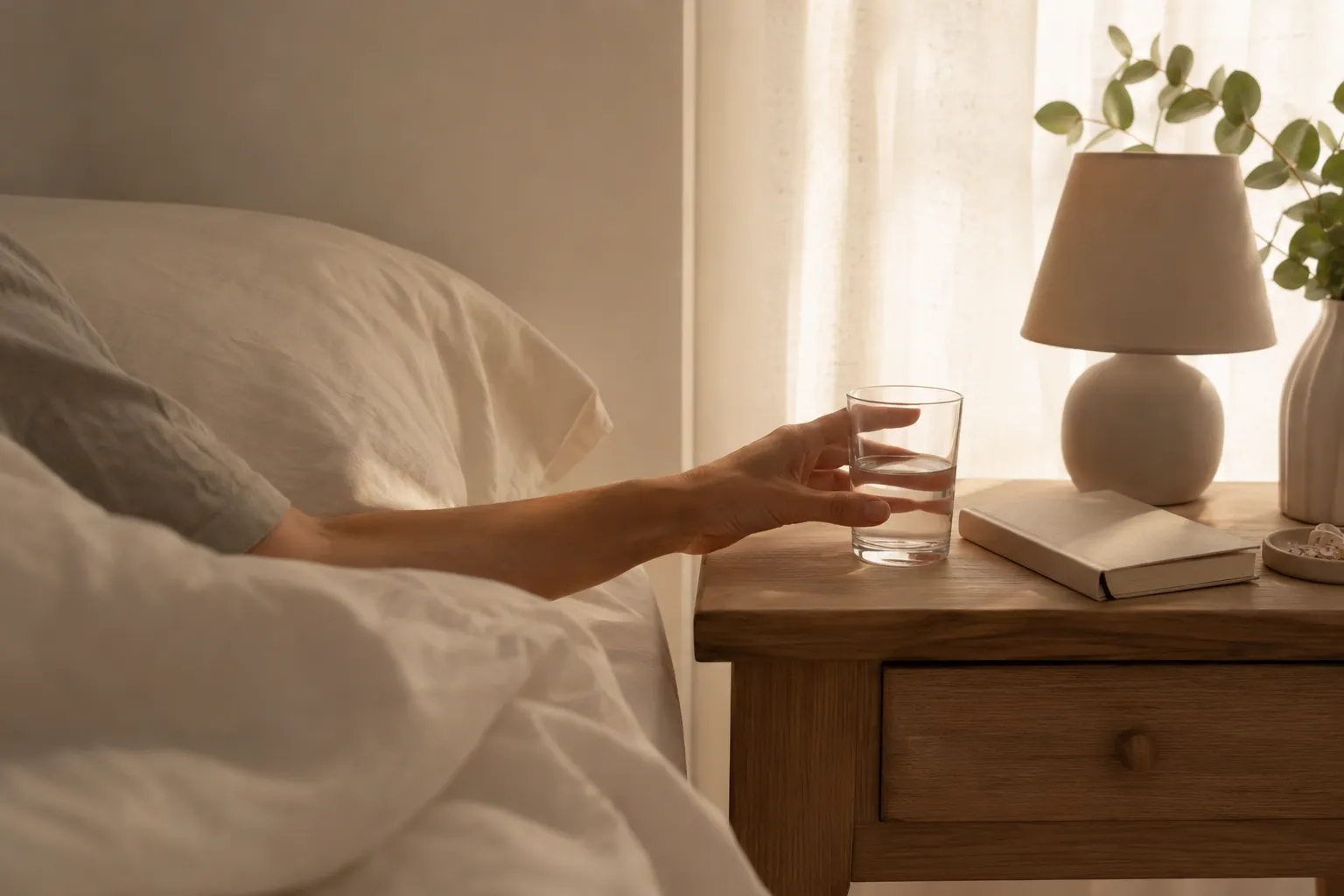 A hand reaching for a glass of water on a nightstand right after waking up, illustrating the habit of drinking water first thing in the morning