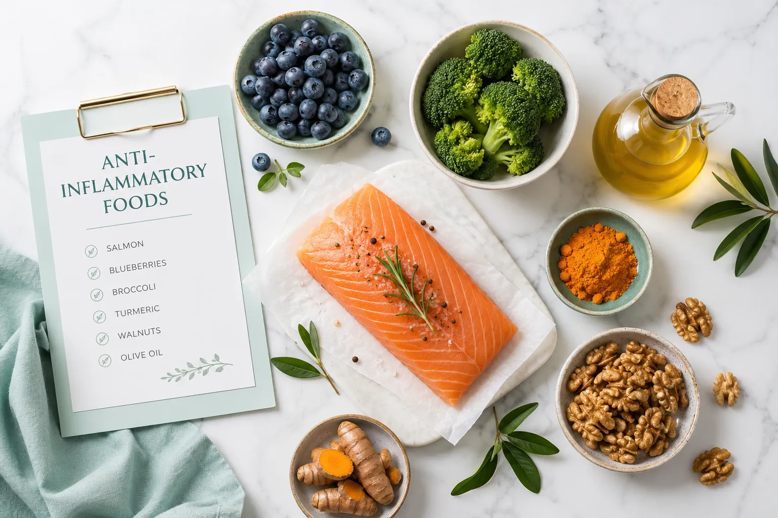A flat-lay of anti-inflammatory foods including salmon, blueberries, broccoli, turmeric, and walnuts arranged on white marble