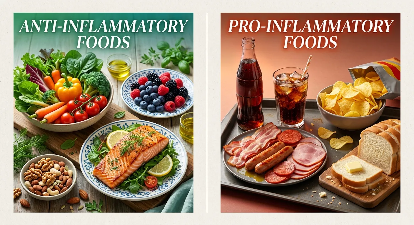 Split image: anti-inflammatory foods (vegetables, berries, salmon, nuts) on the left versus pro-inflammatory foods (processed snacks, sugary drinks, processed meat) on the right