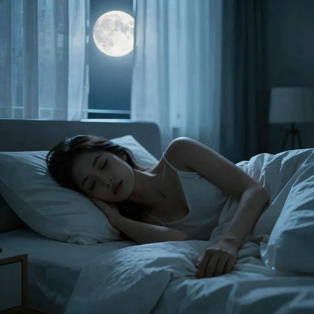 Person lying awake in bed at night, moonlight streaming softly through sheer curtains in a quiet, peaceful bedroom.
