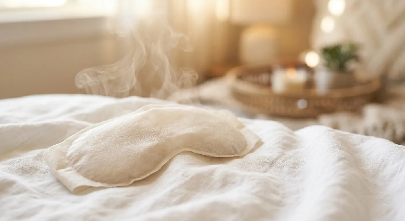 A heated steam eye mask resting on a white linen surface, with a soft curl of steam visible. Clean, minimalist product photography.