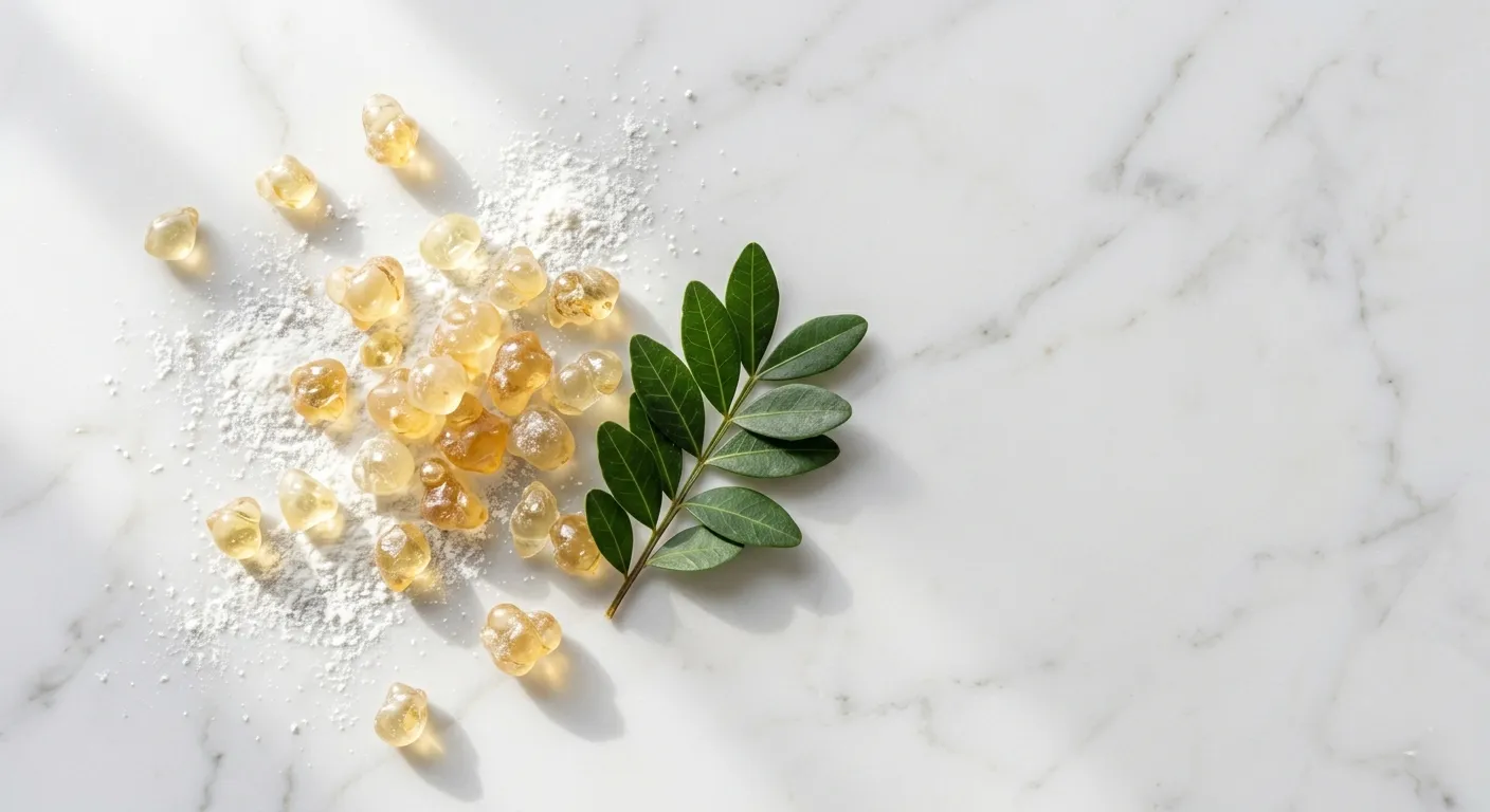 Flat-lay arrangement of translucent mastic resin crystals, fine mastic powder, and green Pistacia lentiscus leaves on white marble