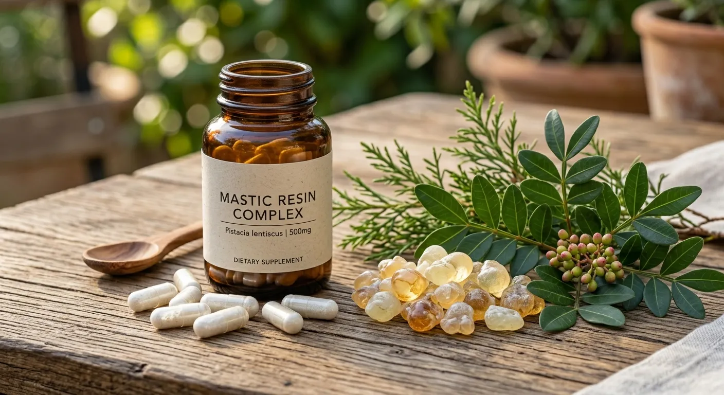 Mastic supplement capsules and resin crystals arranged on a wooden surface with green herbs, wellness product photo
