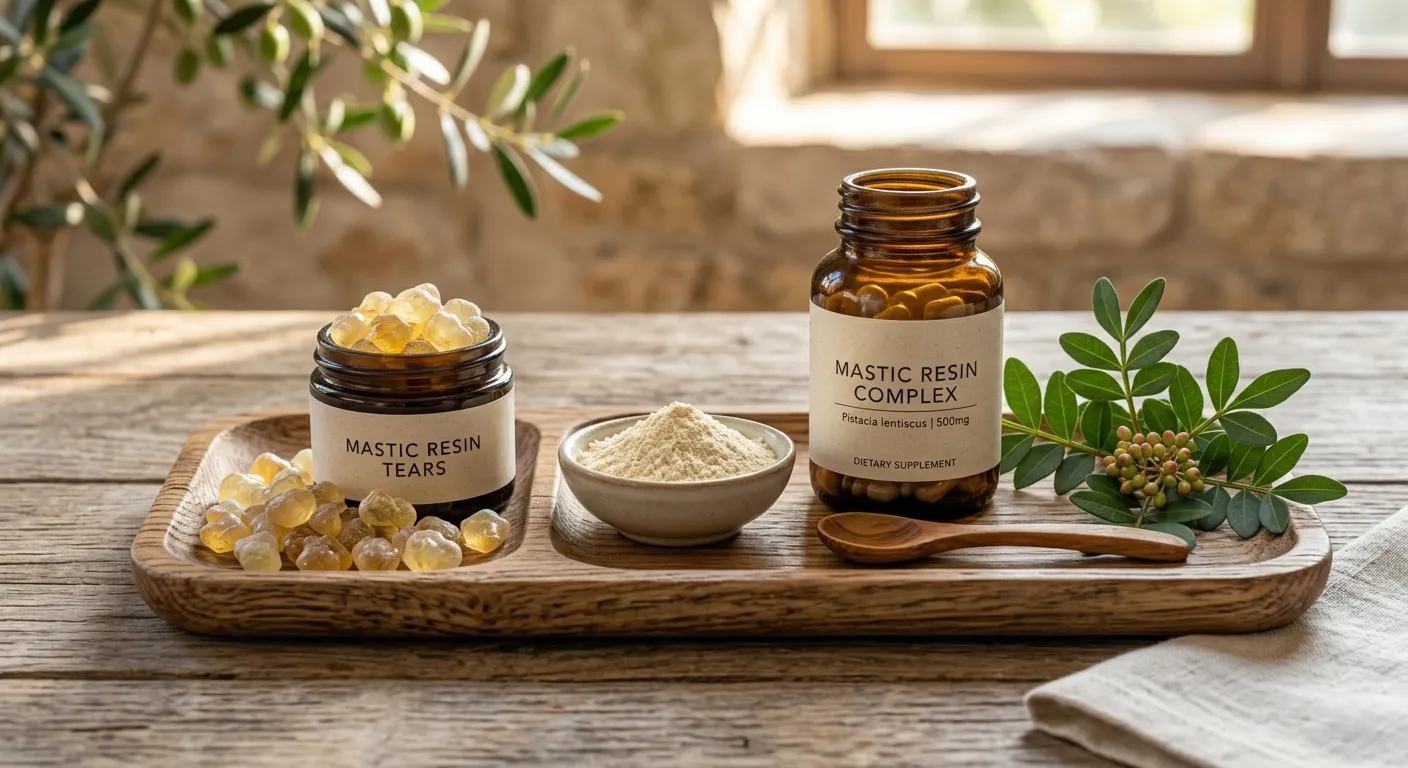 Various mastic product formats including raw resin crystals, powder, and capsule supplements arranged on a natural wooden tray