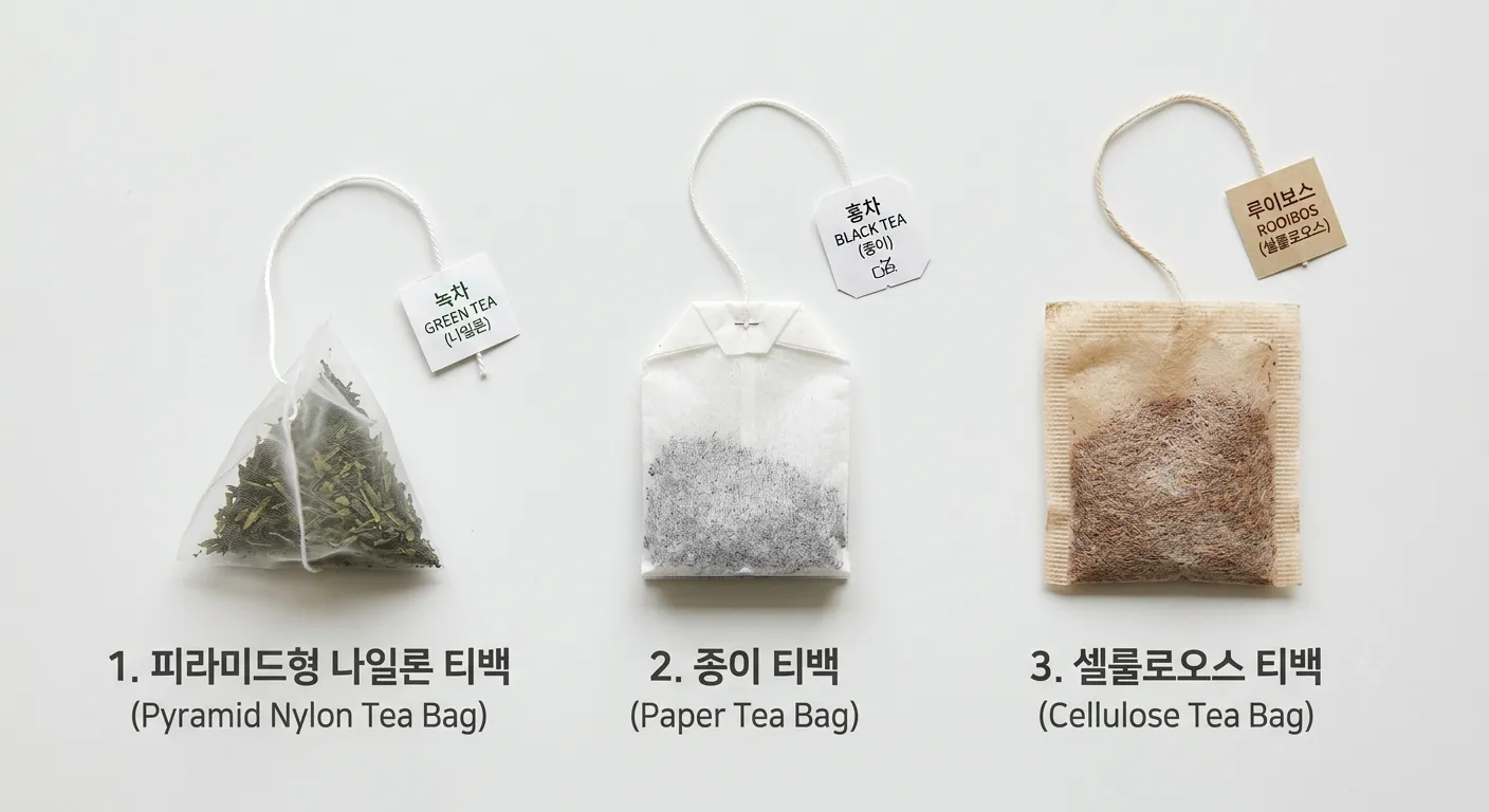 플라스틱 나일론 소재의 피라미드형 티백, 종이 티백, 셀룰로오스 티백을 나란히 놓고 소재를 비교한 플랫레이 사진