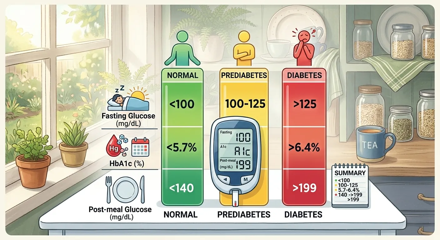 Infographic comparing normal, prediabetes, and diabetes ranges for fasting glucose, HbA1c, and post-meal glucose