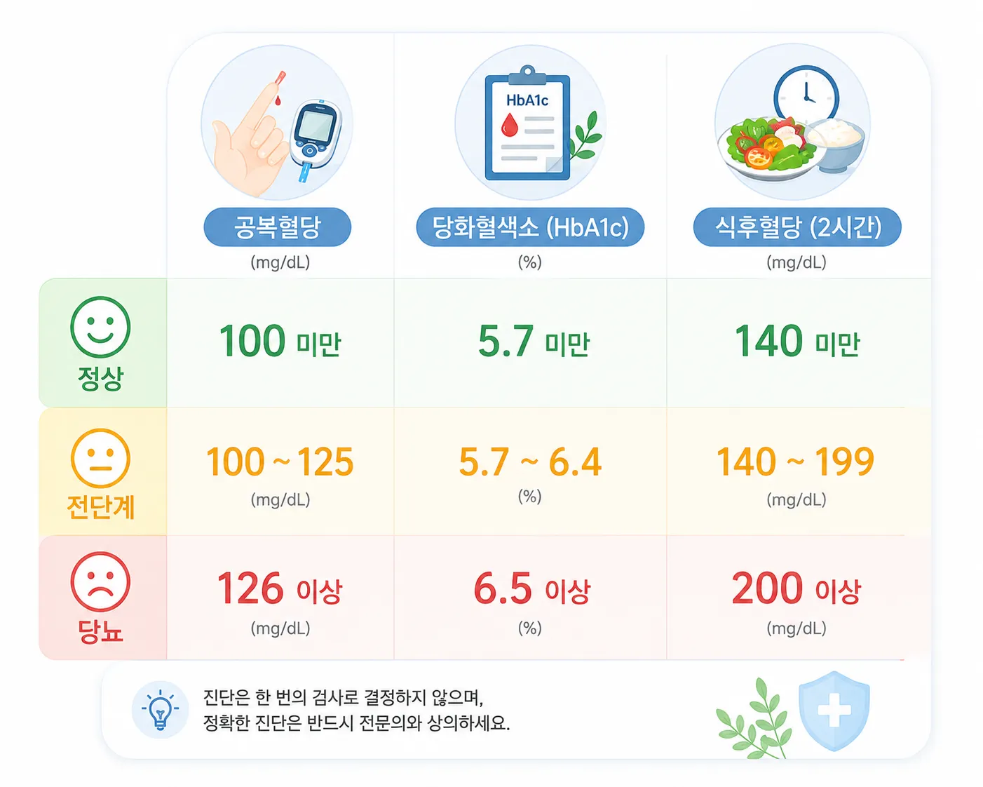 공복혈당, 당화혈색소, 식후혈당의 정상·전단계·당뇨 구간을 비교한 인포그래픽