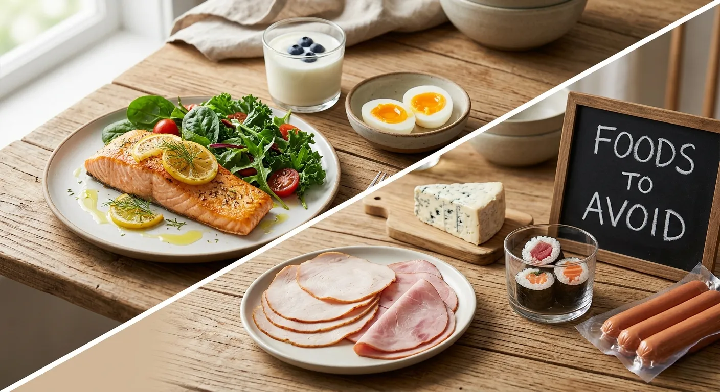 Pregnancy-recommended foods including salmon, leafy greens, dairy, and eggs, contrasted with foods to avoid