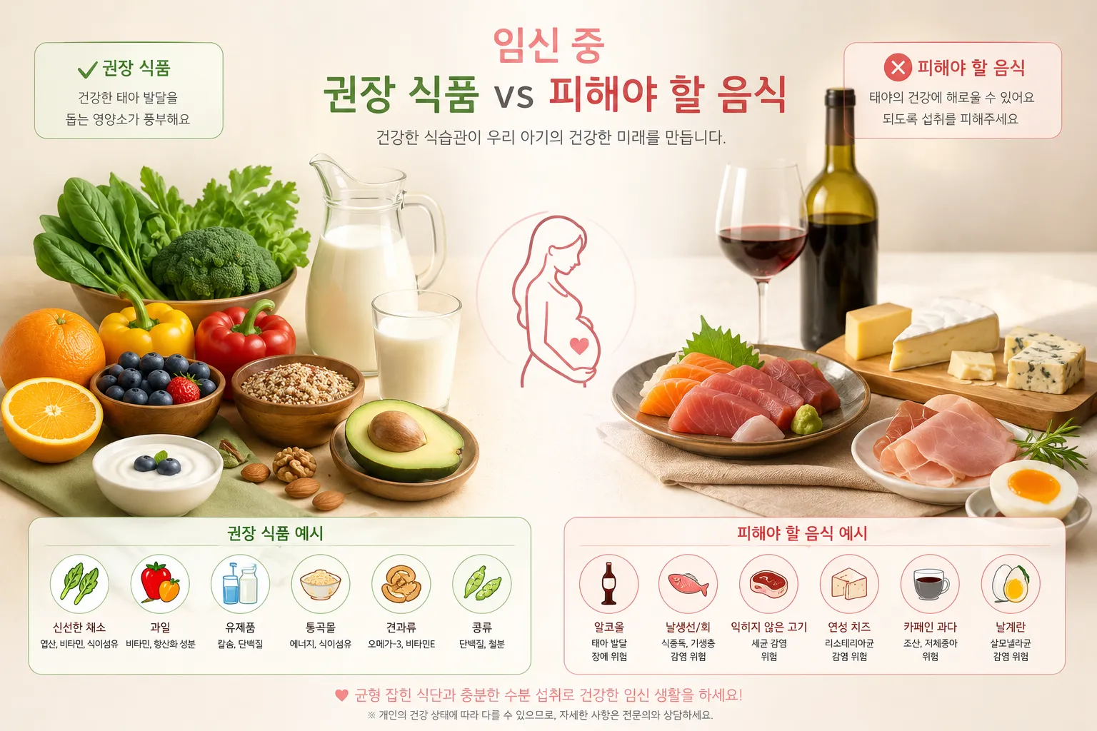 임신 중 권장 식품(채소, 과일, 유제품)과 피해야 할 음식(알코올, 날생선)의 비교 이미지