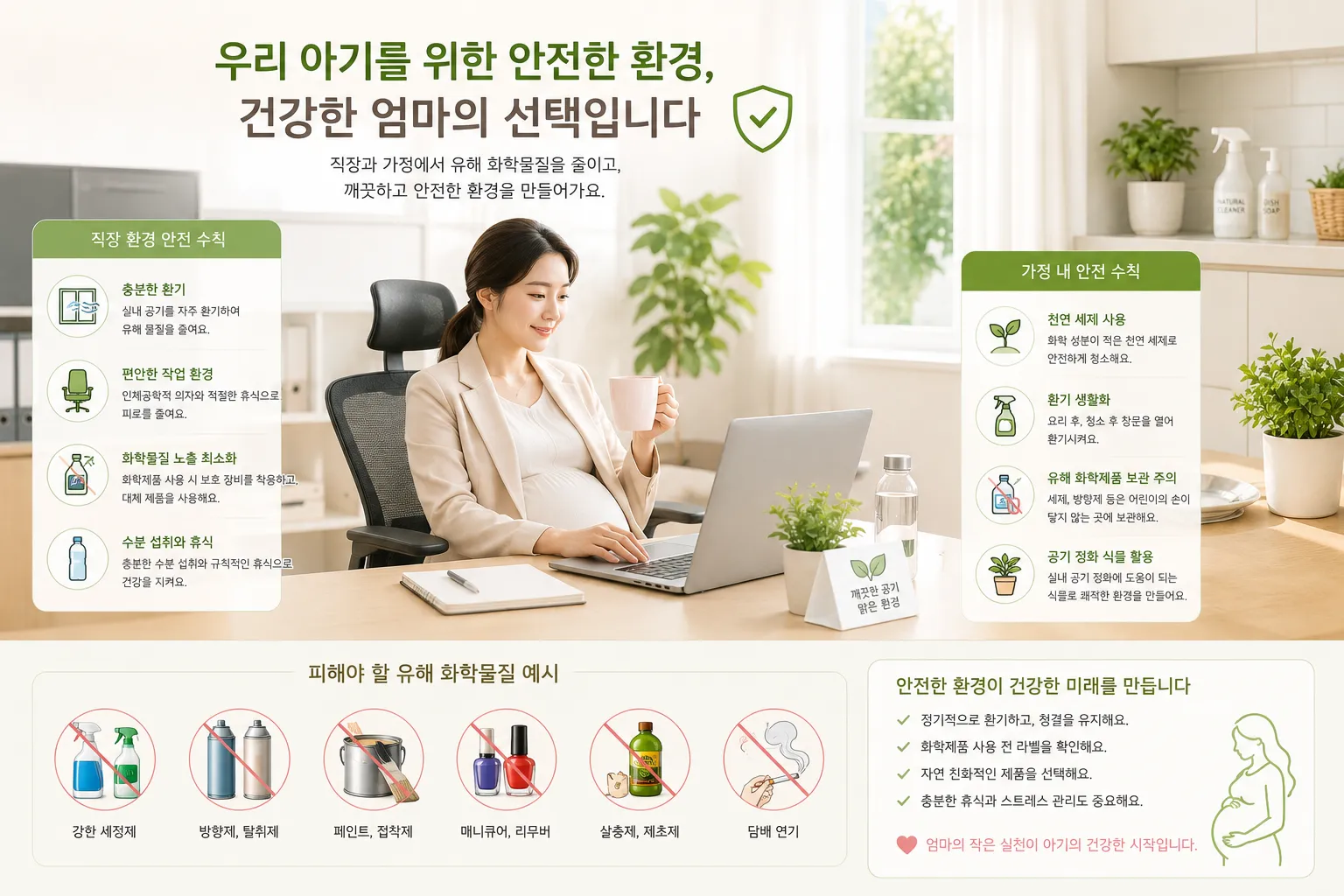 임신 중 화학물질 노출을 피하는 환경 관리의 중요성을 보여주는 이미지