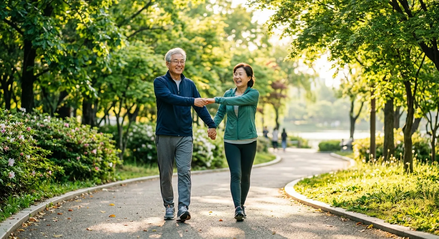 아침 햇살 아래 공원에서 활기차게 걷는 건강한 중년 부부, 건강한 노화를 상징하는 이미지