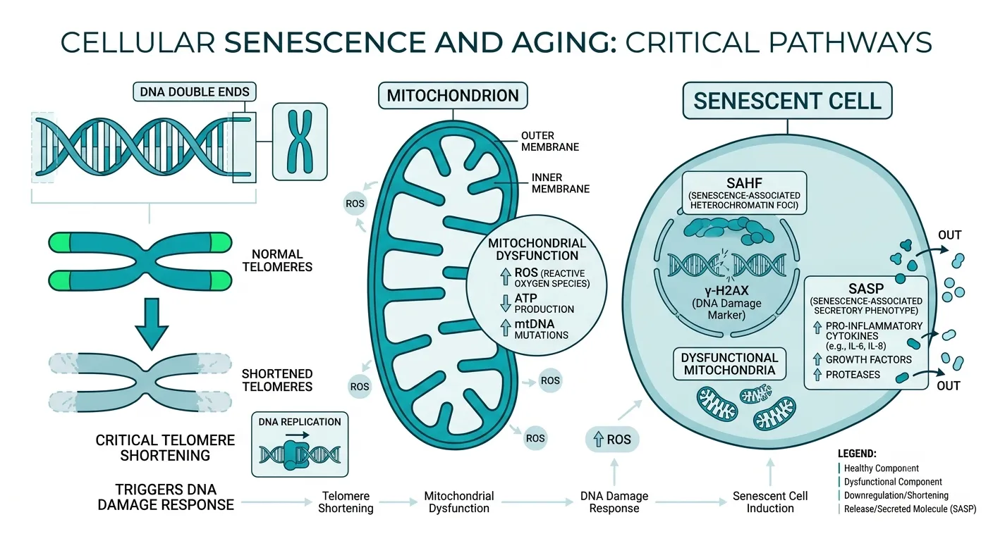 Scientific illustration showing the nine hallmarks of aging including telomere shortening and cellular senescence