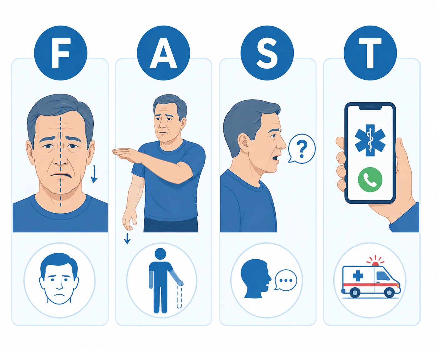 뇌졸중 FAST 법칙 인포그래픽: 얼굴 마비, 팔 마비, 언어 장애, 즉각적인 119 신고