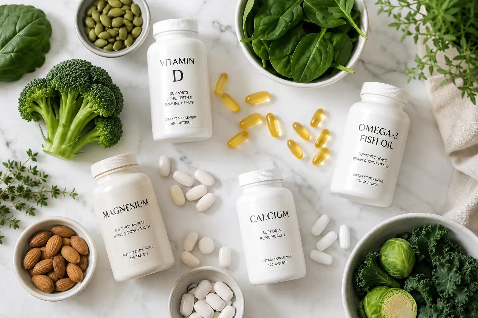 Flat lay of essential supplements for adults in their 50s and 60s — vitamin D, omega-3, magnesium, calcium — arranged on white marble with soft natural light