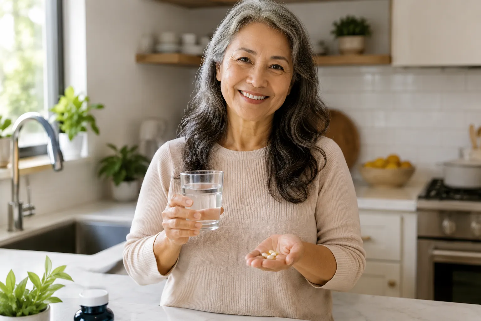 A healthy woman in her 50s taking supplements with a glass of water in a bright, modern kitchen