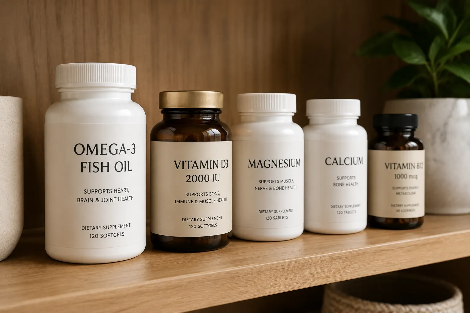 Neatly organized supplement bottles on a wooden shelf in a minimalist modern home, warm natural light