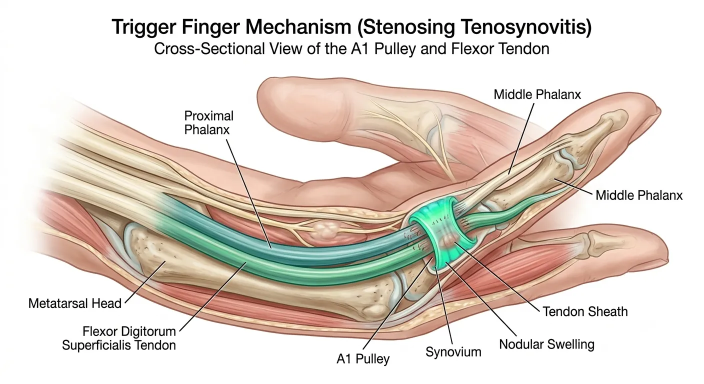 Trigger finger syndrome medical illustration — A1 pulley narrowing and flexor tendon nodule causing finger locking