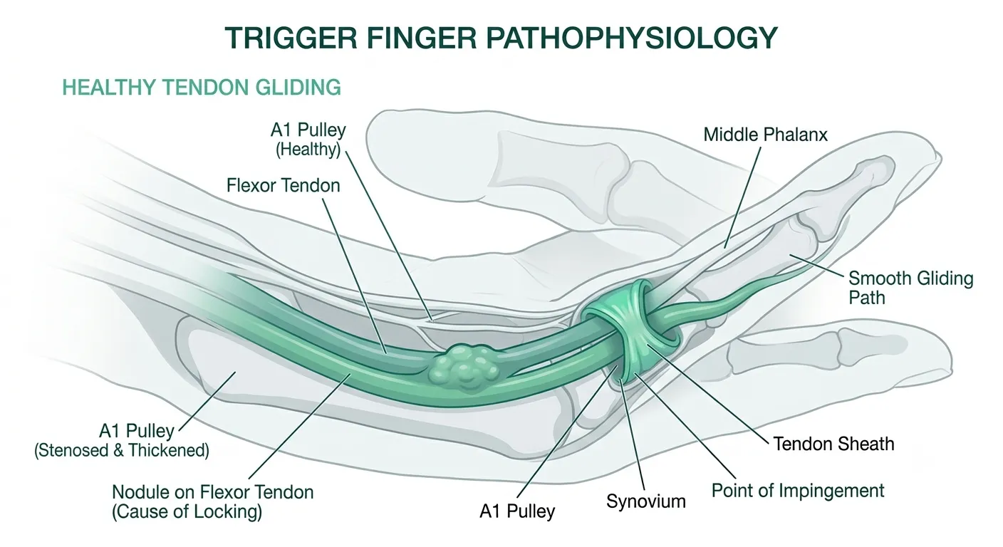 Trigger finger mechanism diagram — A1 pulley narrowing and flexor tendon nodule cross-section