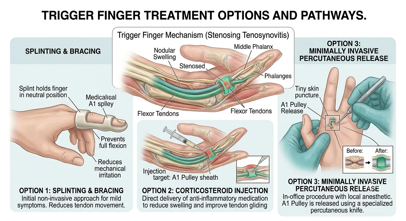Trigger finger treatment comparison — splinting, corticosteroid injection, and percutaneous release surgery