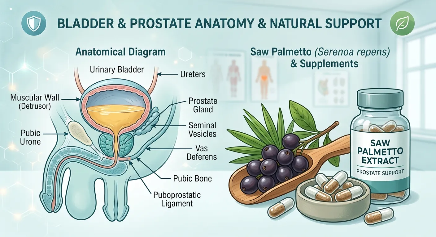 Medical illustration showing bladder and prostate anatomy alongside saw palmetto berries — visual guide to urinary disorder causes and natural supplement options