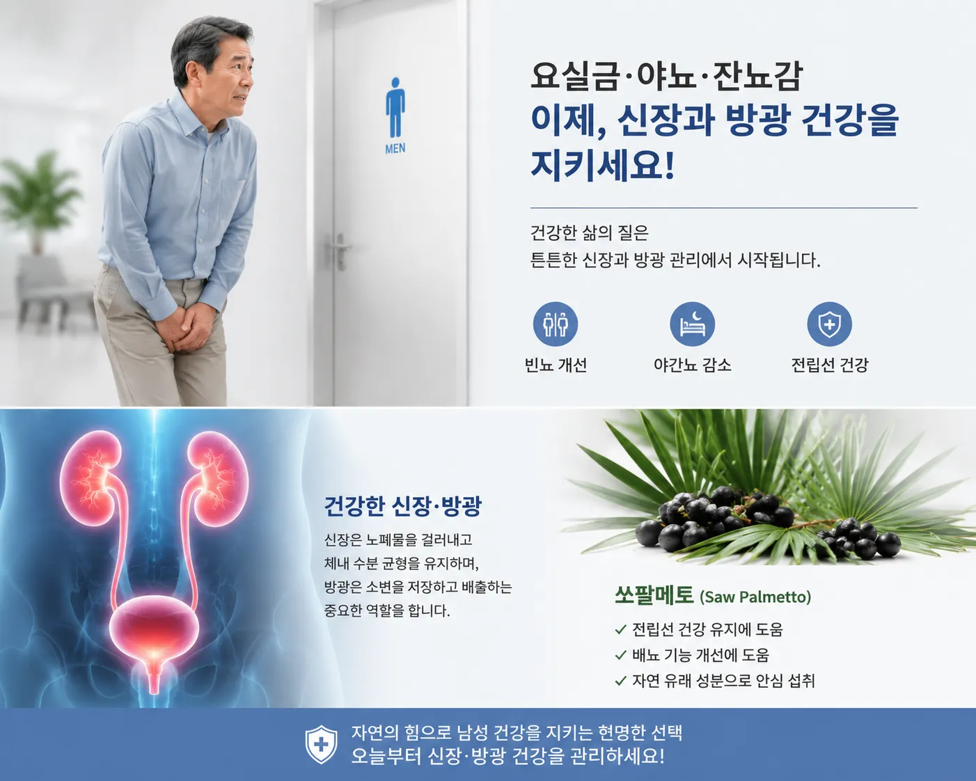 야뇨·빈뇨·잔뇨 등 배뇨장애를 설명하는 건강 일러스트. 방광과 전립선 구조, 쏘팔메토 허브 성분을 시각화.