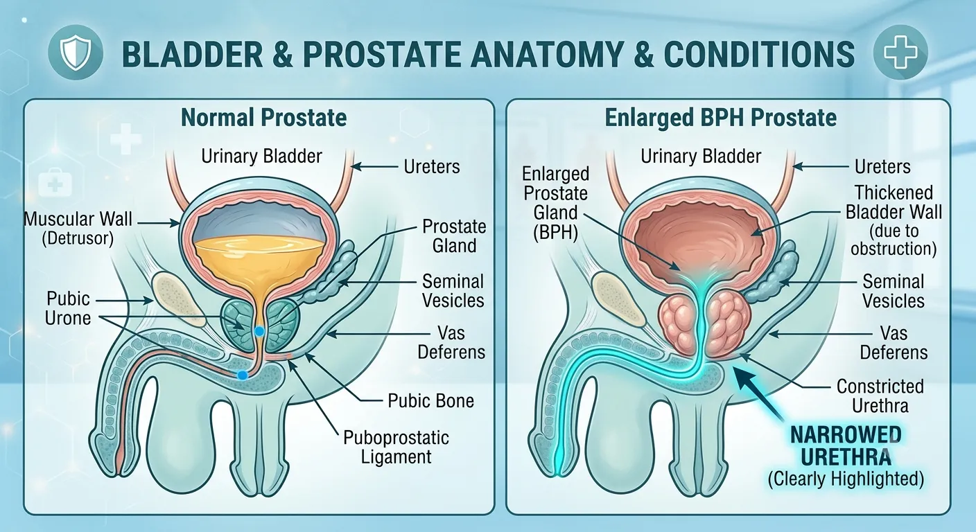 Cross-section comparison of a normal prostate versus an enlarged BPH prostate showing urethral narrowing that causes frequent urination and residual urine