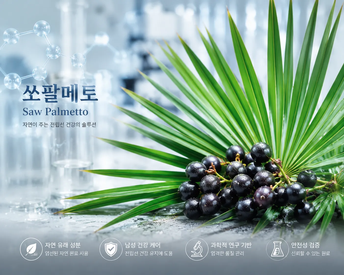 쏘팔메토 열매와 추출물 성분을 보여주는 자연 허브 이미지