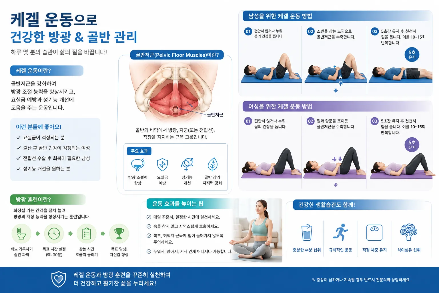 케겔 운동으로 골반저근을 강화하는 방법과 배뇨 건강을 위한 생활습관 인포그래픽